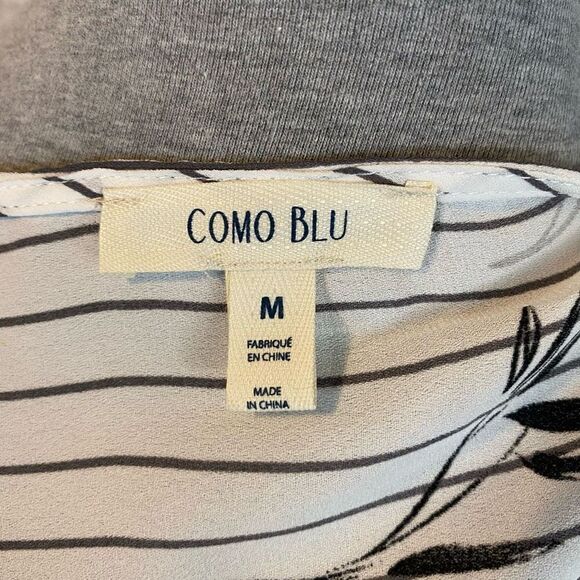 Como Blu Womens Striped Top Blouse Leaf Print Cuff Sleeve White Gray Size Medium - Picture 5 of 8